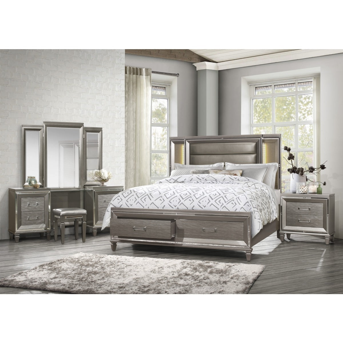 1616-1* Queen Platform Bed with Footboard Storage, LED Lighting