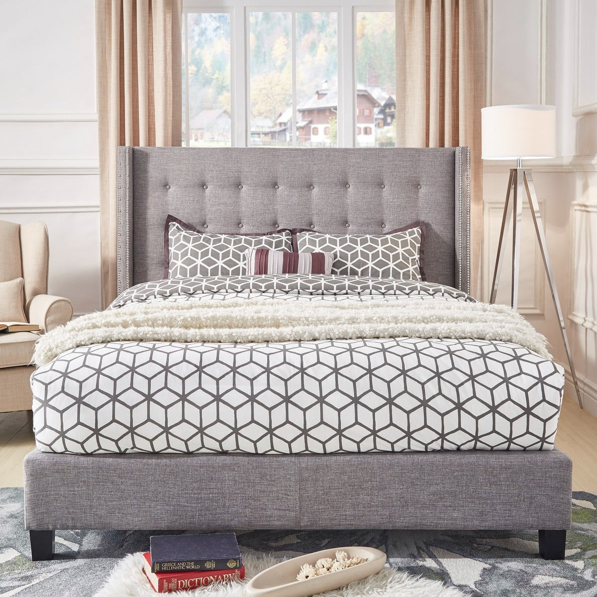 315B932W(3A)* KING PLATFORM WINGBACK BED IN GRAY LINEN