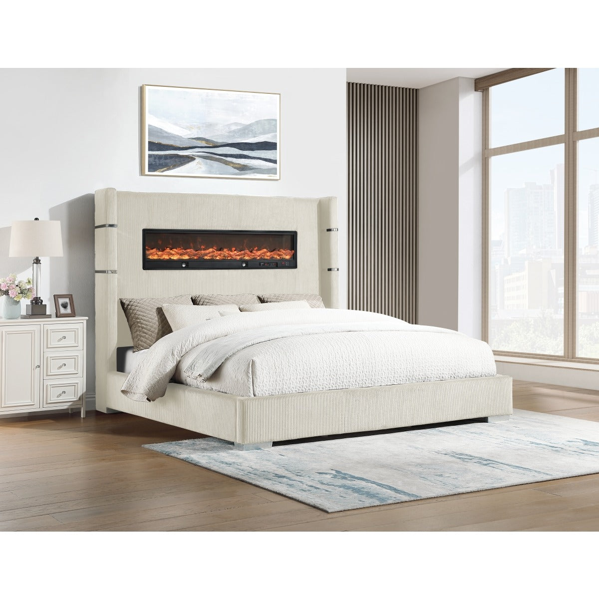 SH296WHT-1 UPHL QN BED W/ FIREPLACE DISPLAY