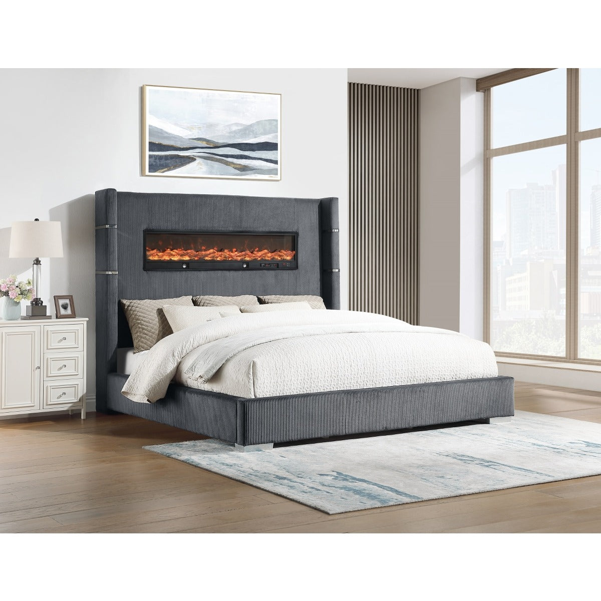 SH296GRYK-1EK UPHL EK BED W/ FIREPLACE DISPLAY