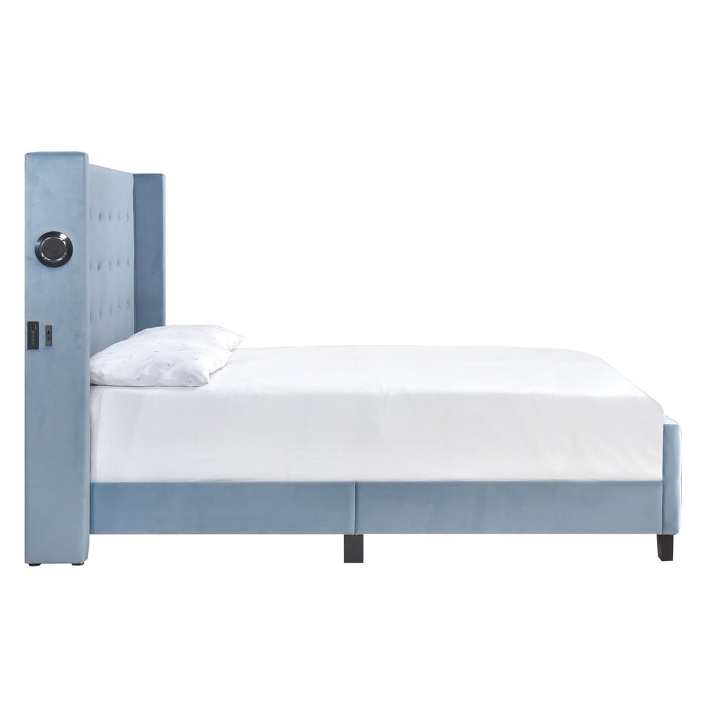 SH2618BLU-1 QUEEN BED W/ TUFTED AND W/ SPEAKER & USB/TYPE C, BLUE VELVET