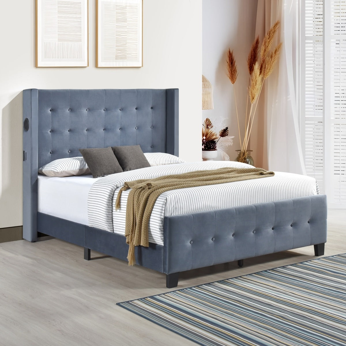 SH2618DGR-1 QUEEN BED W/ TUFTED AND W/ SPEAKER & USB/TYPE C, DARK GRAY VELVET