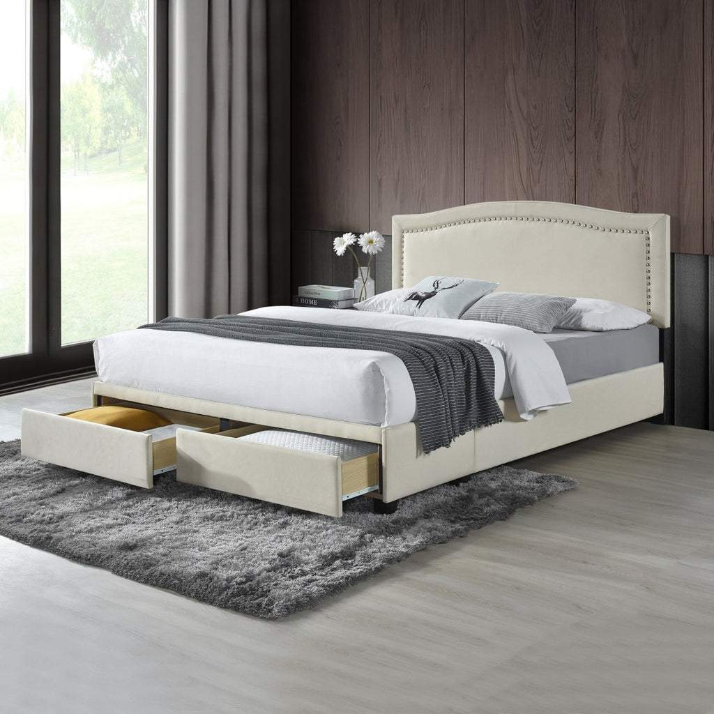 SH2711BGE-1 QUEEN BED W/ FB STORAGE, NAILHEAD, 8 SLATS & 3 SUPPORT LEGS, BEIGE