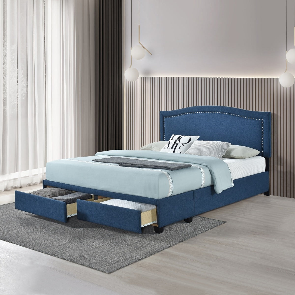 SH2711BLUK-1EK KING BED W/FB STORAGE, NAILHEAD, 8 SLATS & 6 SUPPORT LEGS, BLUE