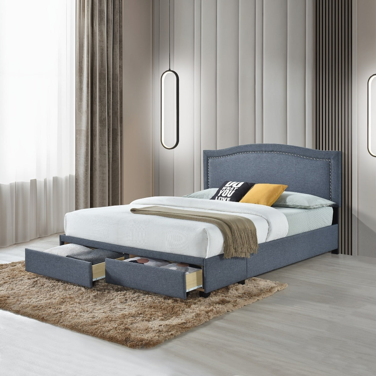 SH2711DGRK-1EK KING BED W/FB STORAGE, NAILHEAD, 8 SLATS & 6 SUPPORT LEGS, DARK GRAY