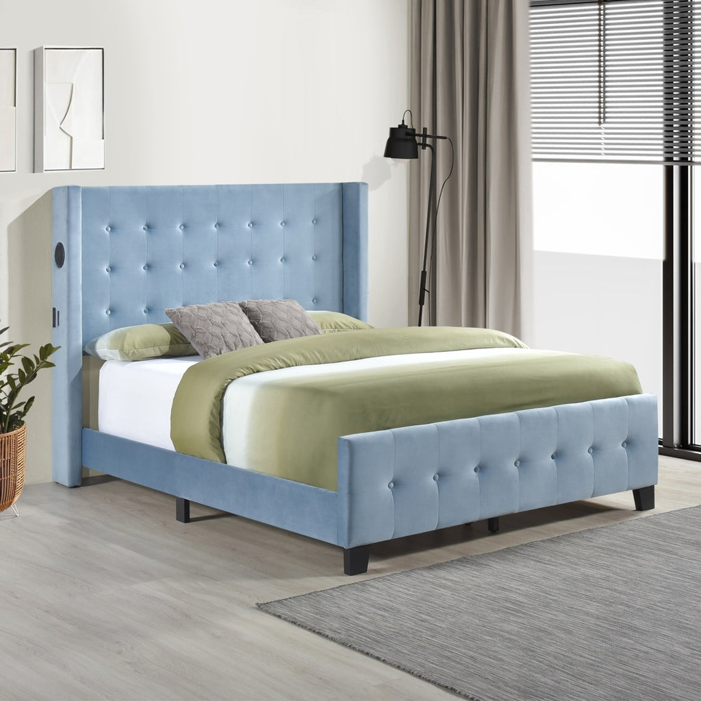 SH2618BLU-1 QUEEN BED W/ TUFTED AND W/ SPEAKER & USB/TYPE C, BLUE VELVET