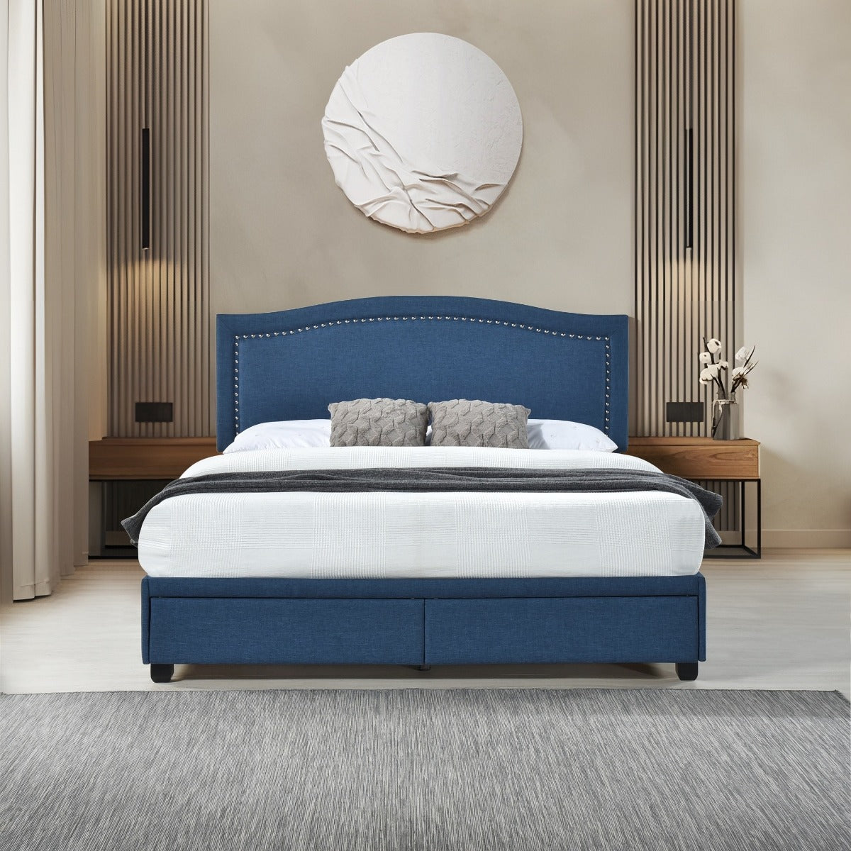 SH2711BLUK-1EK KING BED W/FB STORAGE, NAILHEAD, 8 SLATS & 6 SUPPORT LEGS, BLUE